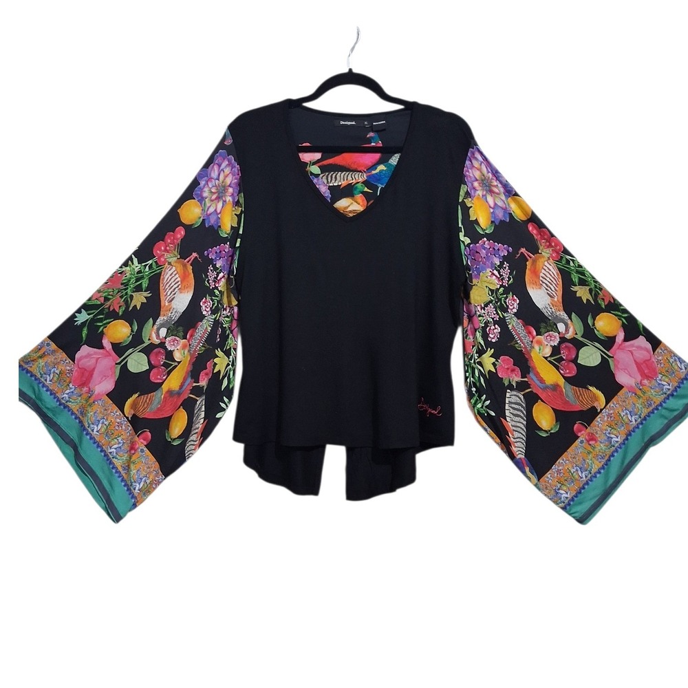 Desigual Exaggerated Colorful Bird Sleeves Womens size XL Stretchy Statement Top - Picture 7 of 16